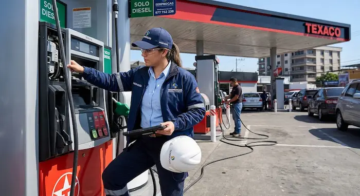 Ingeniera realizando respaldo técnico a estaciones de servicio en un dispensador en Guatemala